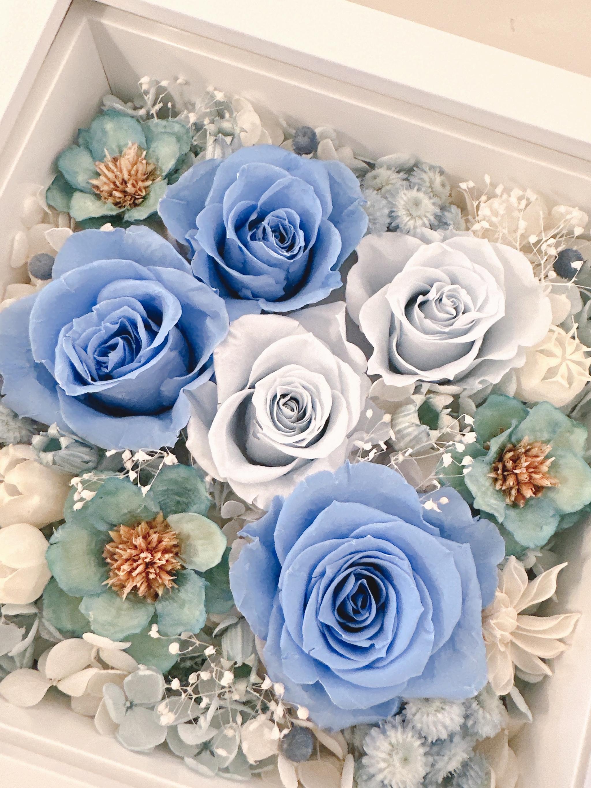 【出産祝い・男の子】フォトフレーム BOXアレンジ 写真立て バラ ブルー 青 結婚祝 誕生祝 記念日 ベビーギフト | 16枚目